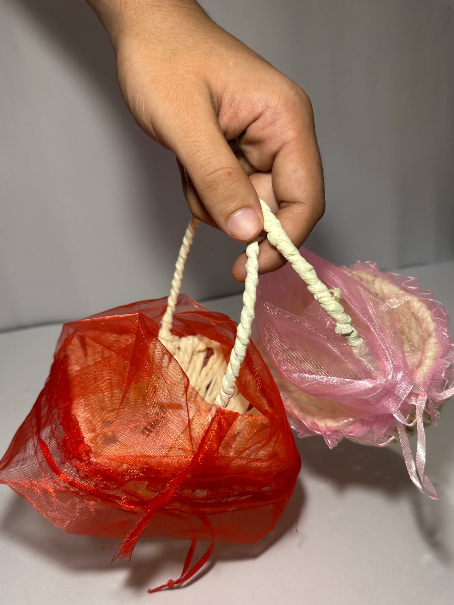 Handmade Decorative Potli Gift Basket with Net Cover โ Red Oval (2 PC Set)