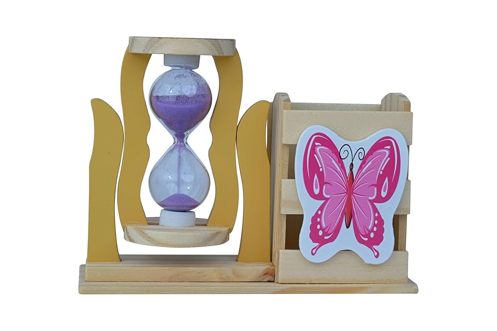 Wooden Hourglass Timer with Pen/Pencil Stand – Decorative Desk & Gift Showpiece