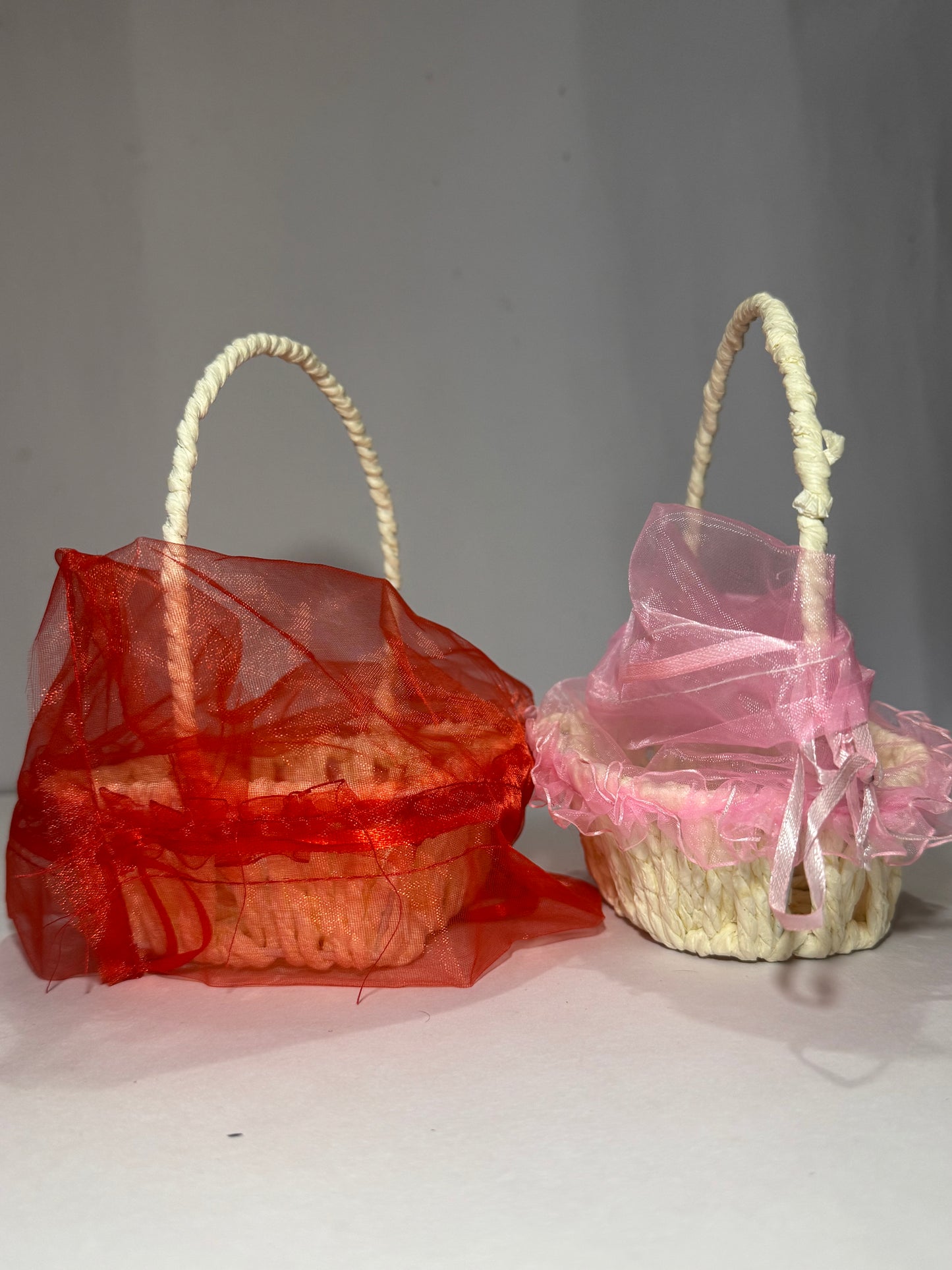 Handmade Decorative Potli Gift Basket with Net Cover – Red Oval (2 PC Set)