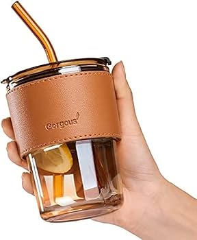 Glass Sipper Tumbler – with Leather Sleeve, Leakproof Lid & Reusable Straw