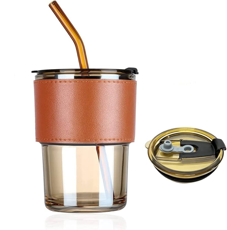 Glass Sipper Tumbler – with Leather Sleeve, Leakproof Lid & Reusable Straw