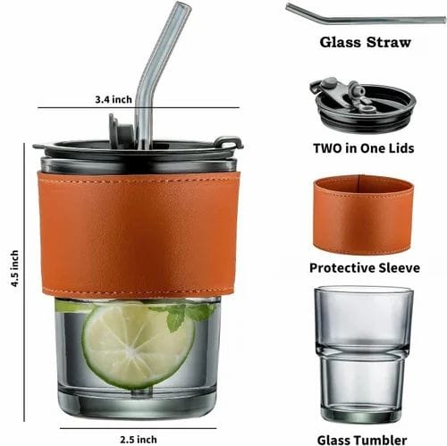 Glass Sipper Tumbler – with Leather Sleeve, Leakproof Lid & Reusable Straw