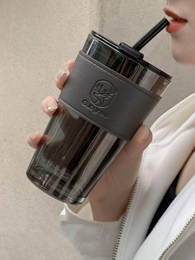 Glass Sipper Tumbler – with Leather Sleeve, Leakproof Lid & Reusable Straw