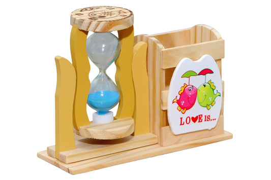 Wooden Hourglass Timer with Pen/Pencil Stand – Decorative Desk & Gift Showpiece